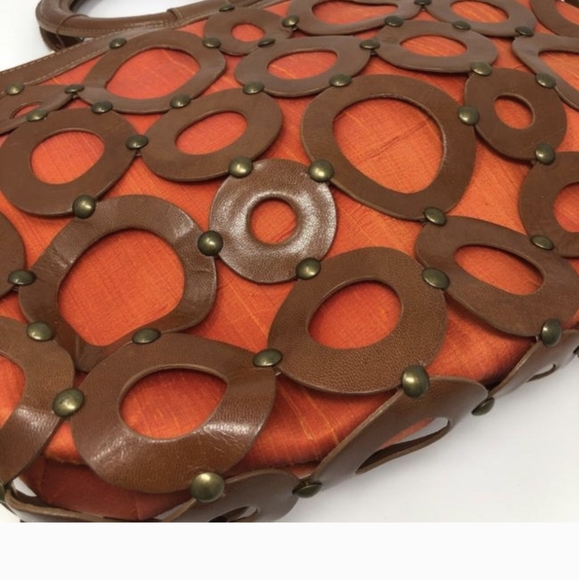 Inge Sport by Inge Christopher Large Leather and Raw Silk Orange Tote Bag - Picture 4 of 5